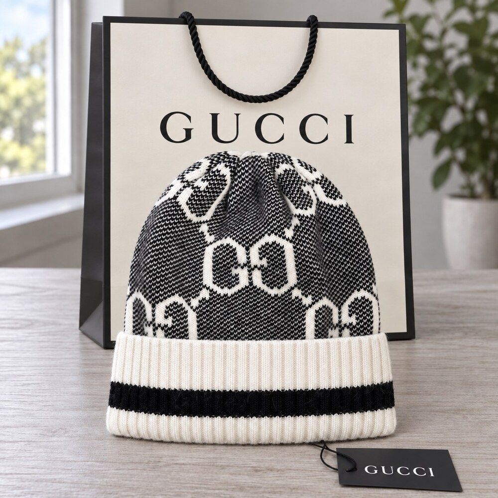 Gucci Black & Ivory GG Knit Beanie